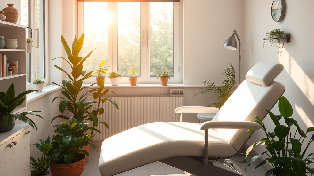 Peaceful medical setting with warm sunlight streaming through windows onto treatment chair surrounded by healing plants no text no words no letters