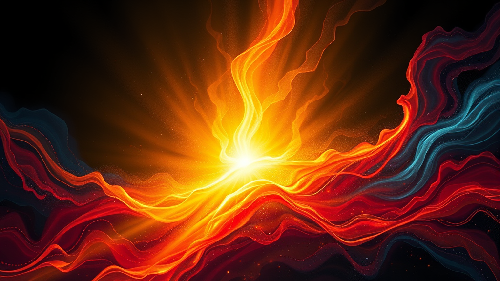 Abstract representation of hope with golden light emerging from darkness surrounded by flowing red and blue healing energy no text no words no letters