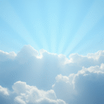 Soft blue light radiating through serene clouds with gentle wellness atmosphere, calming peaceful energy, no text no words no letters