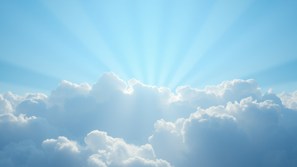 Soft blue light radiating through serene clouds with gentle wellness atmosphere, calming peaceful energy, no text no words no letters