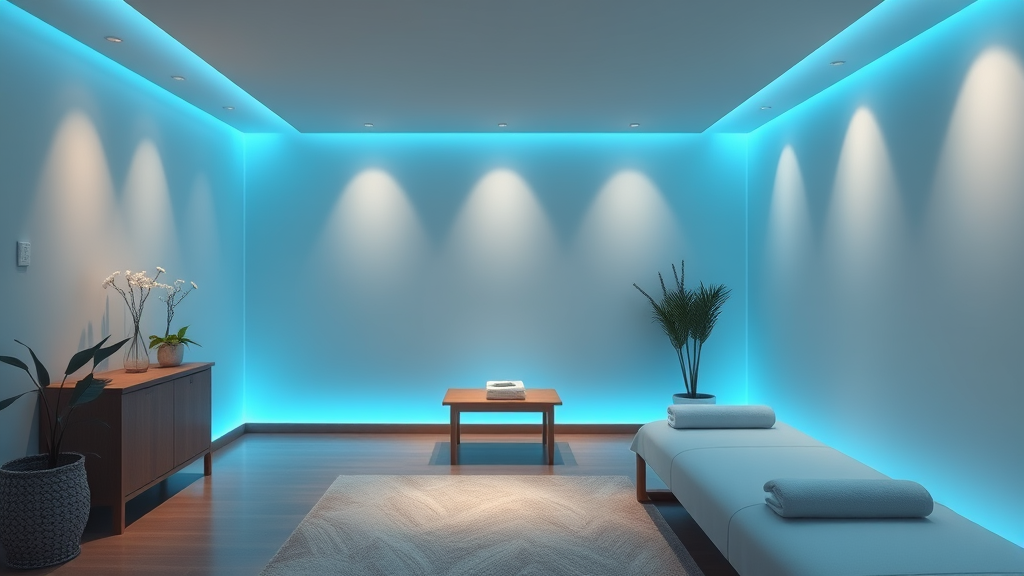 Tranquil therapy room with gentle blue illumination, peaceful healing environment, modern wellness space, no text no words no letters