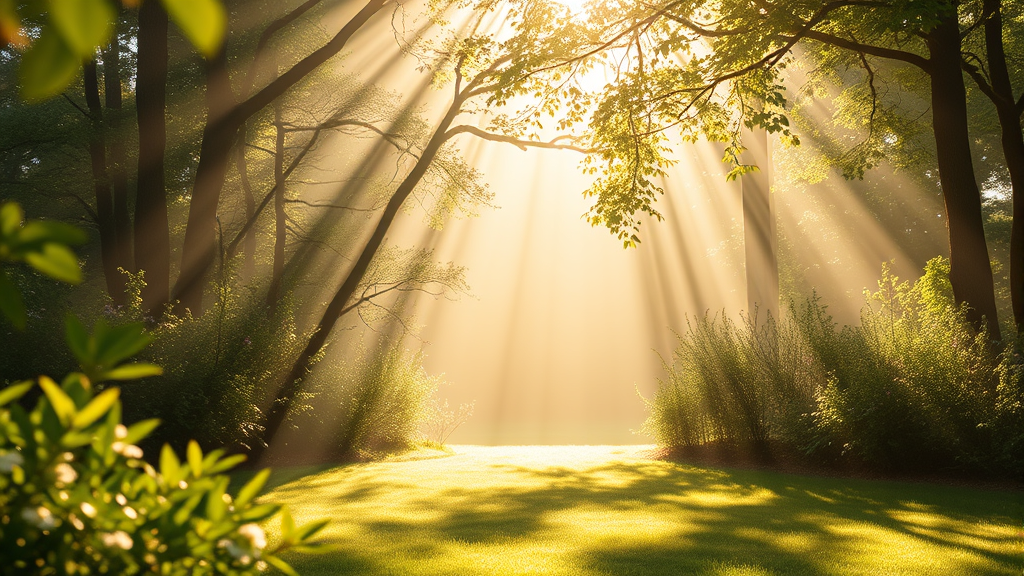 Soft natural light rays filtering through peaceful environment with warm healing energy and serene wellness atmosphere no text no words no letters