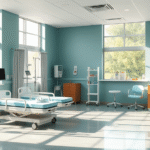 Peaceful rehabilitation center with soft natural lighting, modern equipment, calming blue and green tones, serene healing environment, no text no words no letters