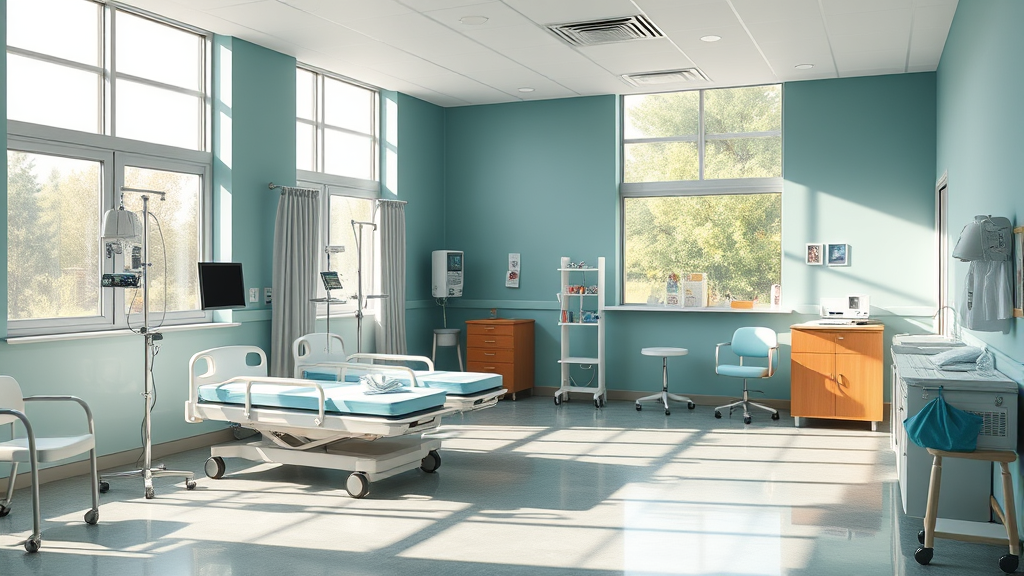 Peaceful rehabilitation center with soft natural lighting, modern equipment, calming blue and green tones, serene healing environment, no text no words no letters