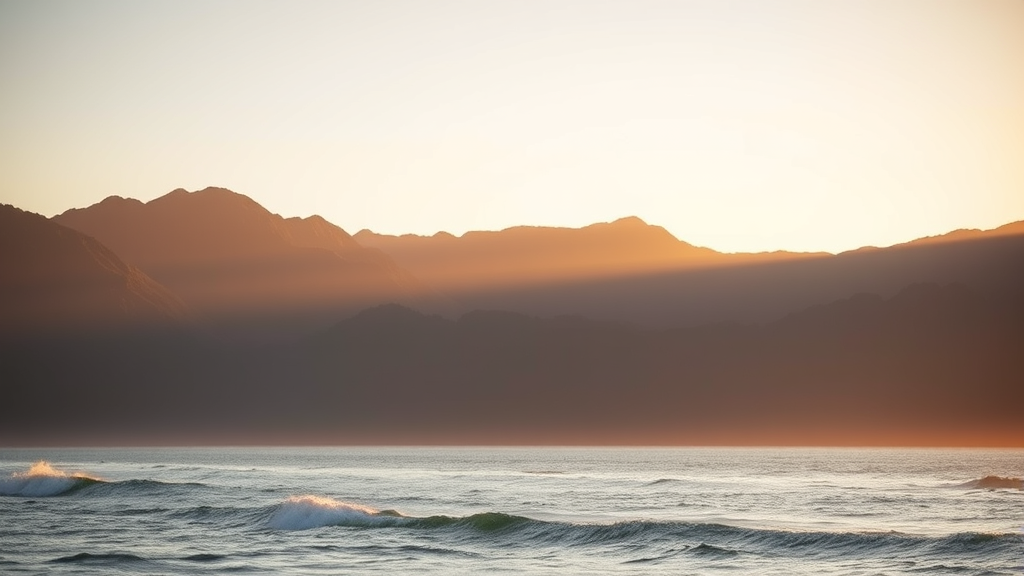 Tranquil nature scene with mountains and ocean representing California wellness, soft golden light, peaceful atmosphere, healing energy, no text no words no letters