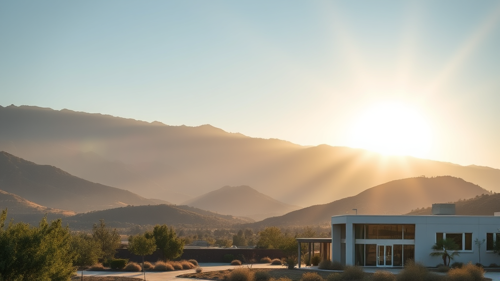 Serene California landscape with mountains and healing light rays, peaceful rehabilitation center exterior, soft natural lighting, no text no words no letters
