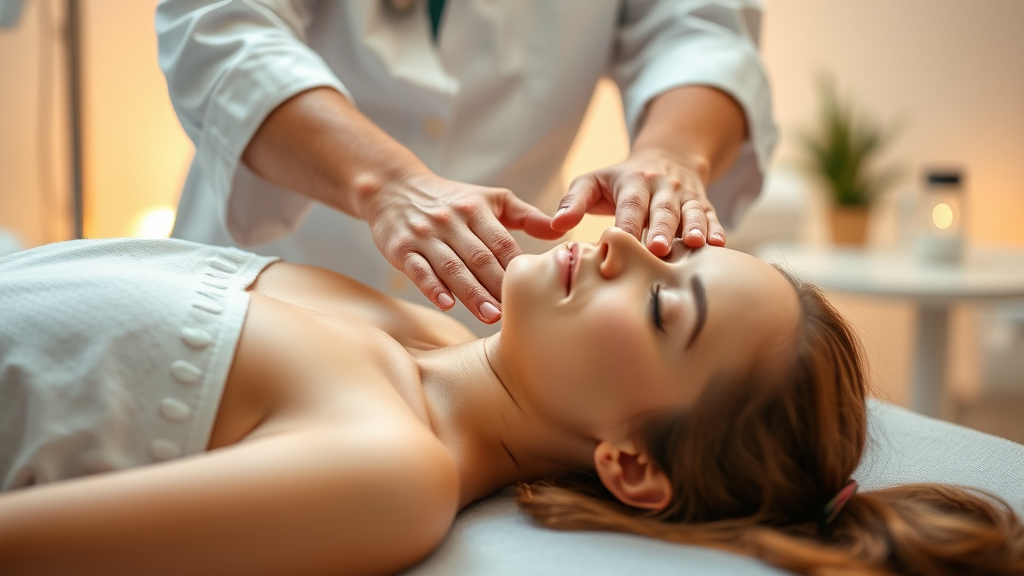 Gentle hands performing therapeutic massage on peaceful patient, calming medical environment, warm lighting, healing atmosphere, no text no words no letters