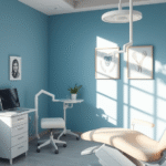 Peaceful dental office with soft natural lighting and calming blue tones representing oral health restoration and comfort no text no words no letters