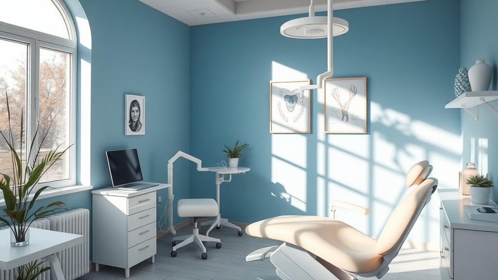 Peaceful dental office with soft natural lighting and calming blue tones representing oral health restoration and comfort no text no words no letters