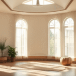 Peaceful wellness center interior with soft natural lighting flowing through windows gentle healing atmosphere no text no words no letters