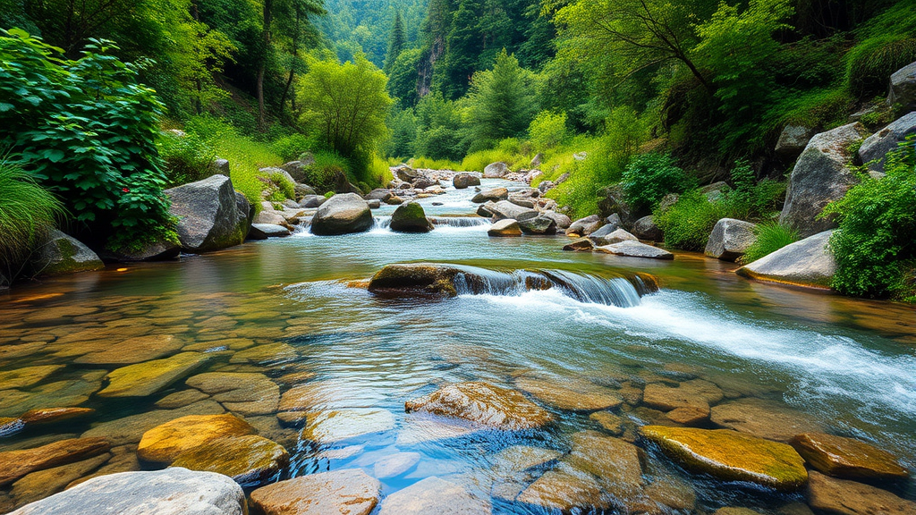 Serene nature scene with clear mountain stream surrounded by lush greenery symbolizing purification and renewal no text no words no letters