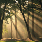 Soft morning light filtering through trees creating gentle shadows representing healing journey and emotional growth no text no words no letters