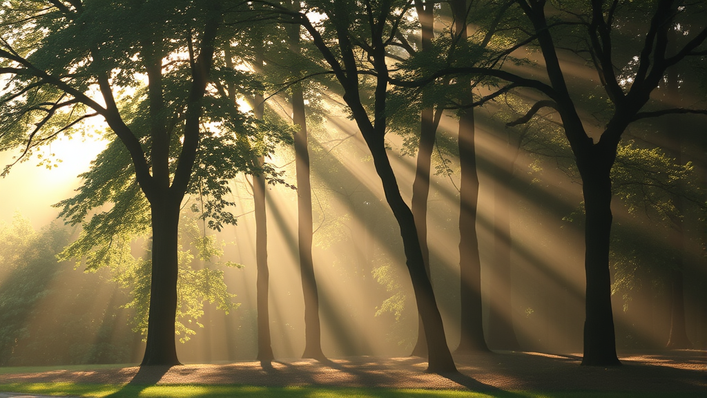 Soft morning light filtering through trees creating gentle shadows representing healing journey and emotional growth no text no words no letters