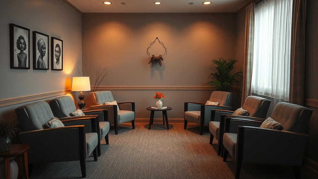 Peaceful therapy room with comfortable chairs and warm lighting symbolizing safe space for healing abandonment wounds no text no words no letters