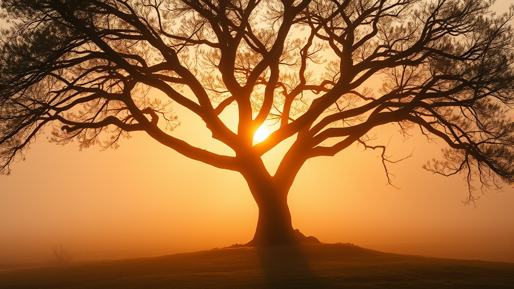 Soft sunrise through gentle mist with intertwining tree branches symbolizing connection and growth, warm golden tones, peaceful serenity, no text no words no letters