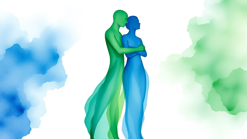 Abstract watercolor representation of two figures supporting each other, flowing blues and greens, therapeutic healing concept, no text no words no letters