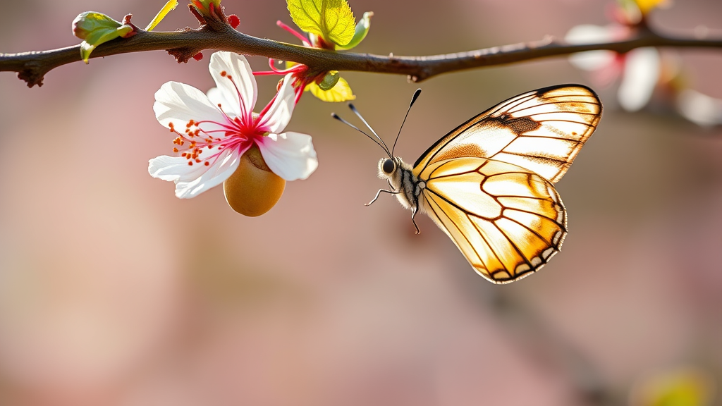 Delicate butterfly emerging from cocoon on blooming branch, transformation and healing metaphor, soft natural lighting, no text no words no letters