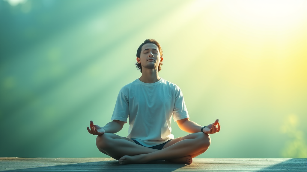 Peaceful person meditating in soft morning light with calming blue and green tones representing mental wellness transformation no text no words no letters