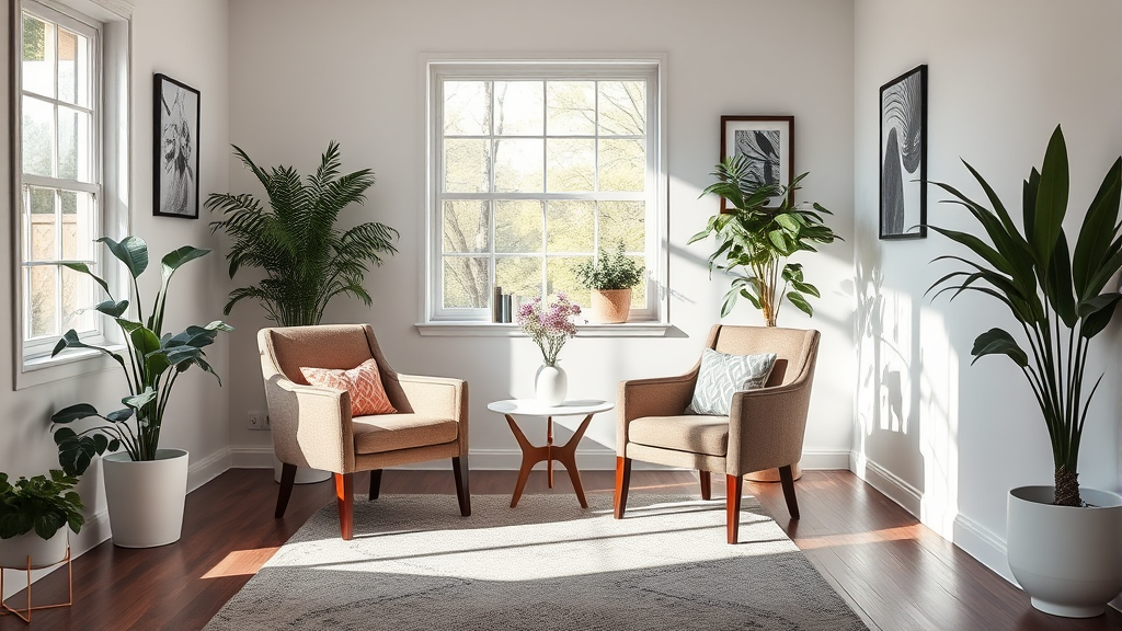 Serene therapy office setting with comfortable chairs and natural lighting creating safe healing space no text no words no letters