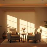 Peaceful therapy room with soft natural lighting, comfortable chairs facing each other, warm earth tones, no text no words no letters