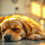 Gentle golden light beam touching peaceful sleeping golden retriever in serene veterinary setting with soft natural lighting no text no words no letters