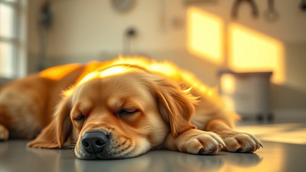 Gentle golden light beam touching peaceful sleeping golden retriever in serene veterinary setting with soft natural lighting no text no words no letters