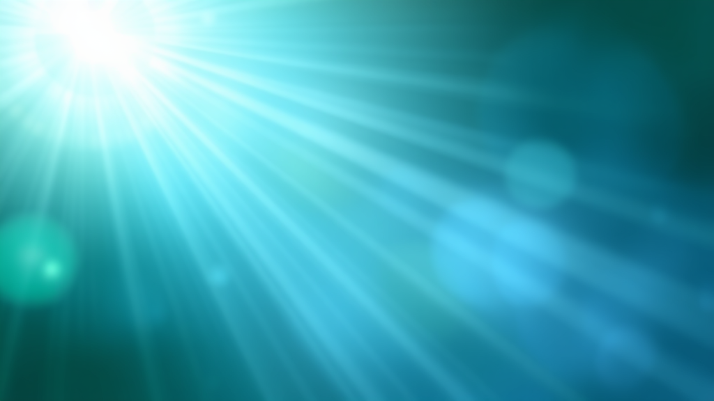 Abstract representation of healing light rays in soothing blue and green tones flowing through peaceful space no text no words no letters