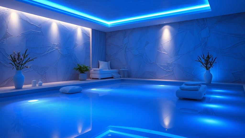 Serene spa setting with gentle blue lighting and cooling elements representing healing and pain relief no text no words no letters