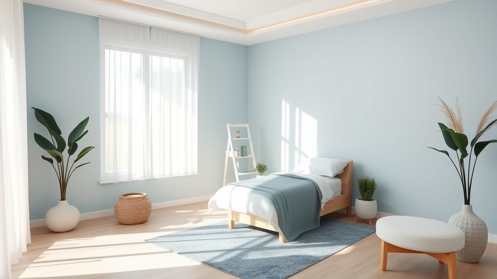 Peaceful therapy room with soft natural lighting and calming blue tones suggesting recovery and wellness no text no words no letters