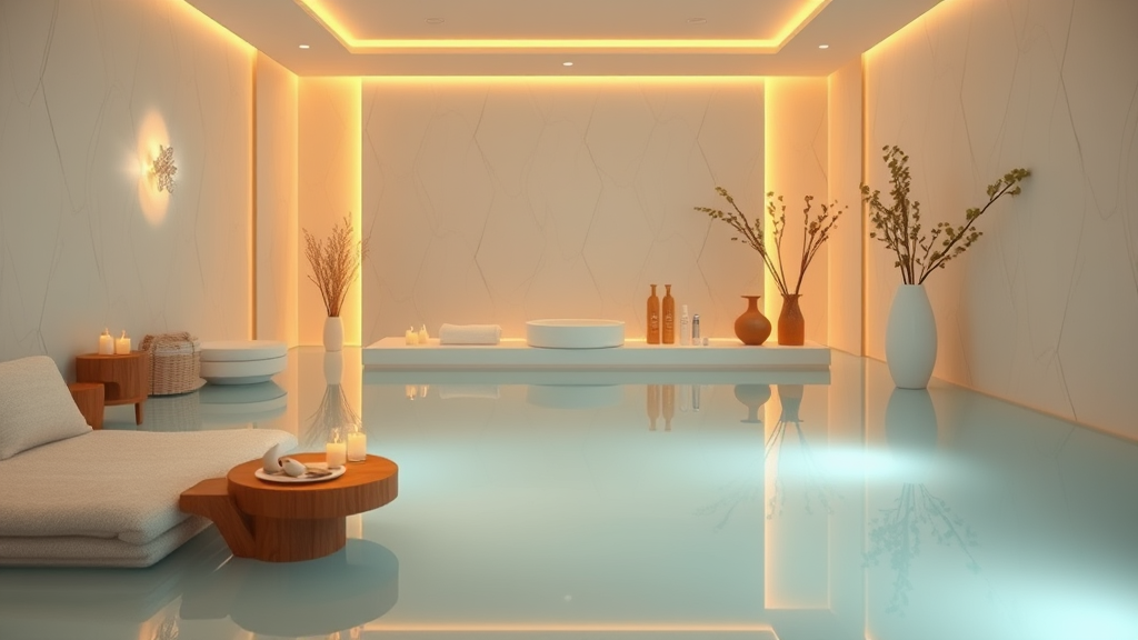 Serene spa setting with soft golden lighting, peaceful atmosphere, skincare wellness concept, calming colors, no text no words no letters