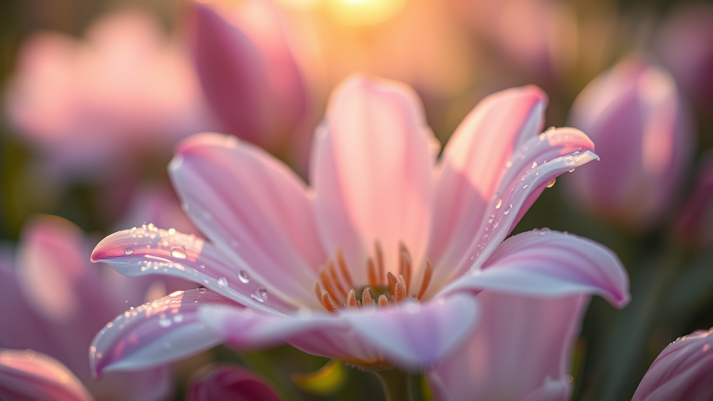 Gentle nature scene with dewdrops on petals, morning light, rejuvenation symbolism, tranquil mood, no text no words no letters