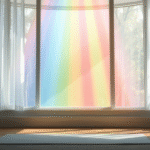 Peaceful meditation space with soft rainbow light rays filtering through window, serene atmosphere, gentle colors, calming energy, no text no words no letters