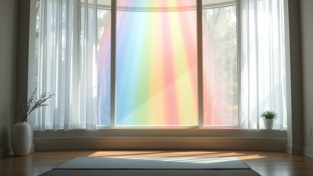 Peaceful meditation space with soft rainbow light rays filtering through window, serene atmosphere, gentle colors, calming energy, no text no words no letters