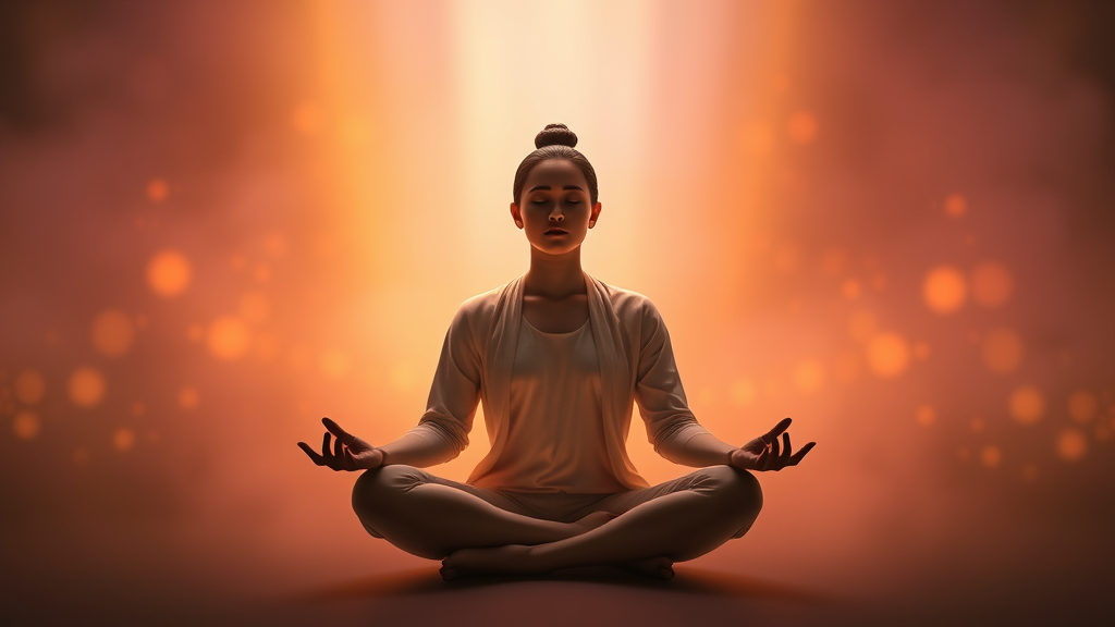 Serene person meditating surrounded by gentle colored light emanating warmth, peaceful expression, soft healing colors, spiritual calm, no text no words no letters