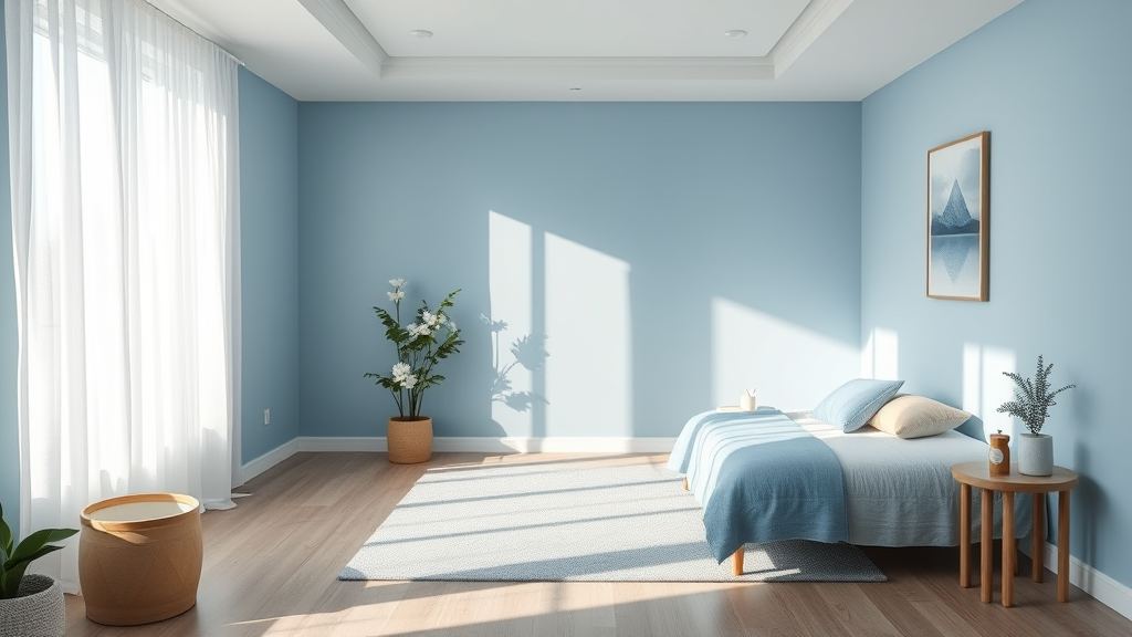 Peaceful therapy room with soft natural lighting and calming blue tones representing healing and wellness no text no words no letters