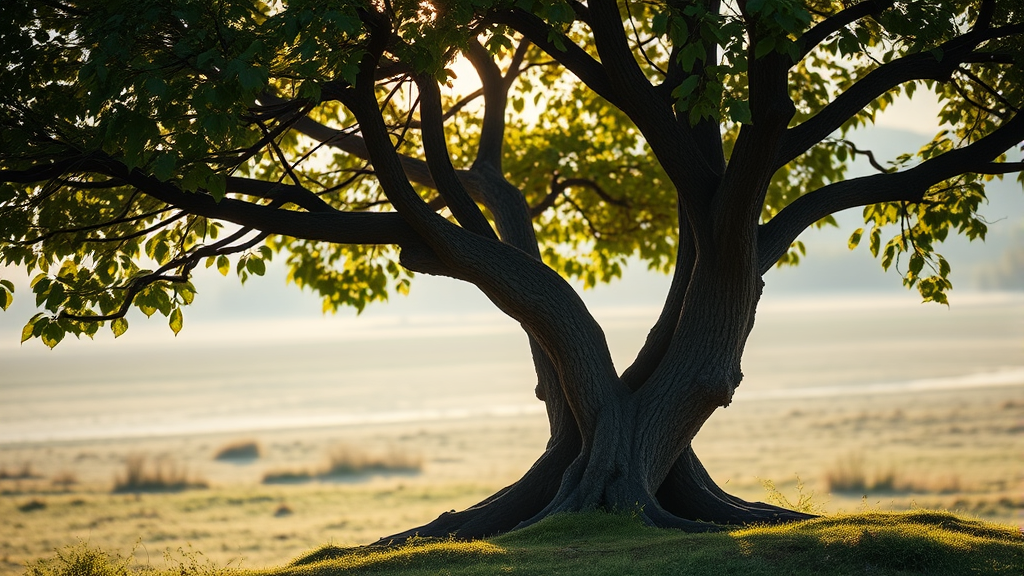 Serene nature scene with two trees growing together, intertwined branches, soft morning light, harmony and growth, no text no words no letters