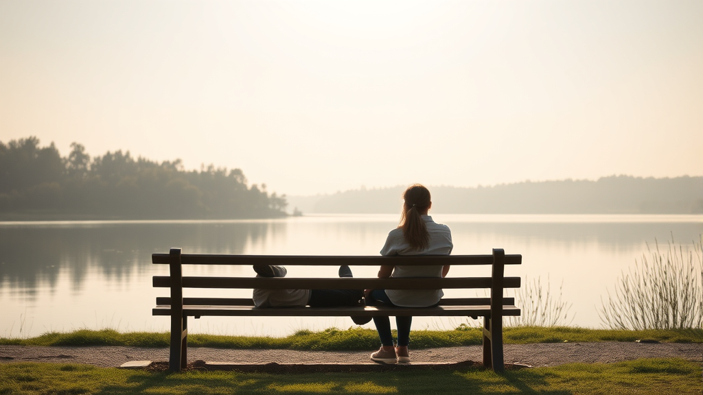Two people sitting peacefully together on a bench overlooking a serene lake with soft morning light, representing harmony and connection, no text no words no letters