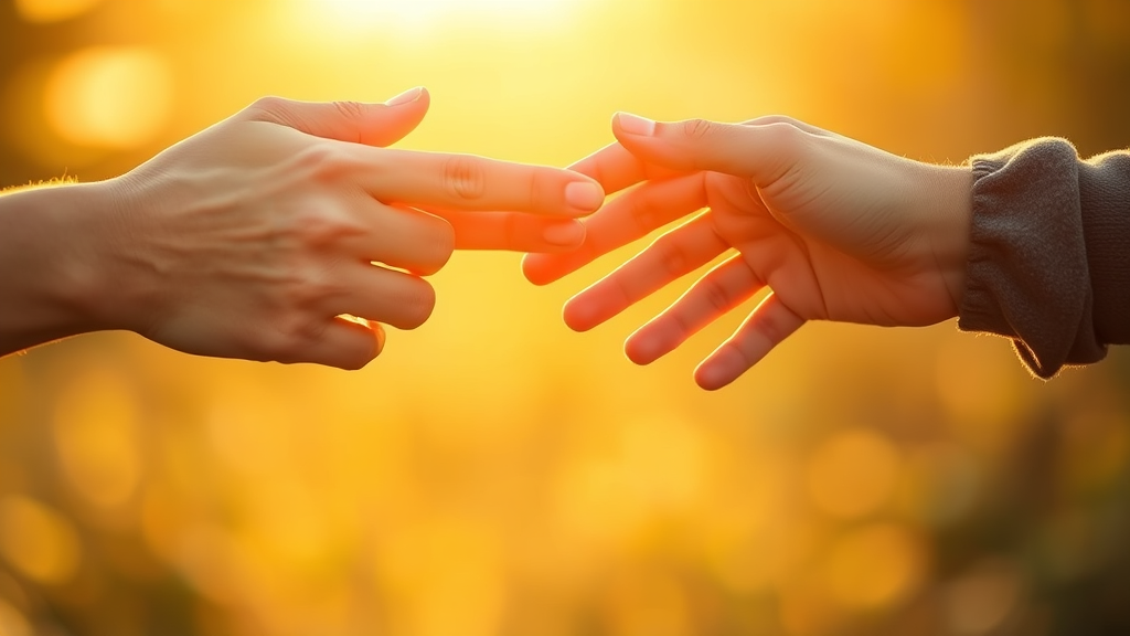 Gentle hands reaching toward each other in warm golden sunlight with soft focus background, symbolizing trust and emotional connection, no text no words no letters