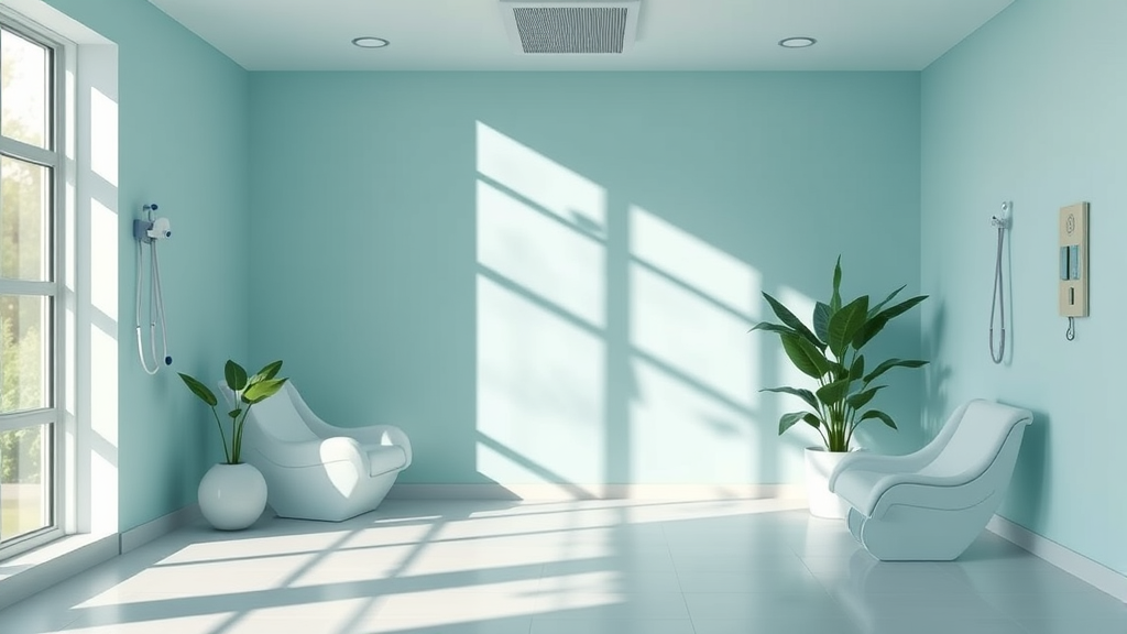 Peaceful healthcare setting with soft natural lighting, calming blue and green tones, wellness concept, serene atmosphere, no text no words no letters