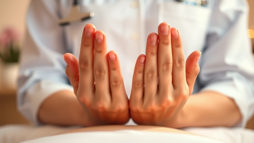 Gentle hands in therapeutic position, warm lighting, healing energy, professional care setting, calming colors, no text no words no letters