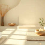 Peaceful spa setting with soft natural lighting and calming earth tones representing holistic wellness and relaxation no text no words no letters