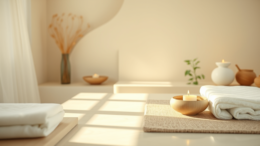 Peaceful spa setting with soft natural lighting and calming earth tones representing holistic wellness and relaxation no text no words no letters