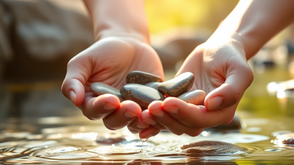 Serene hands holding smooth river stones in gentle sunlight symbolizing therapeutic healing and natural wellness no text no words no letters