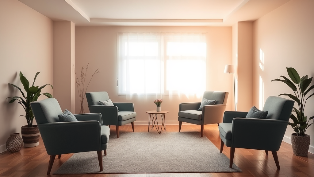 Peaceful therapy room with soft natural lighting, comfortable chairs, calming colors, serene atmosphere, no text no words no letters