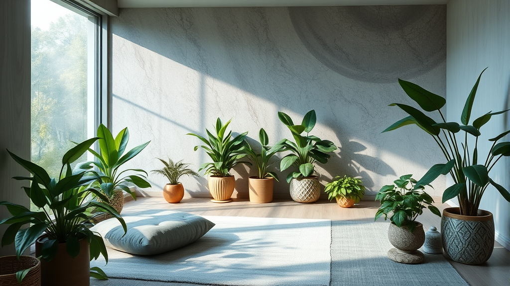 Tranquil meditation space with plants, soft textures, mindful ambiance, healing energy, calming blues and greens, no text no words no letters