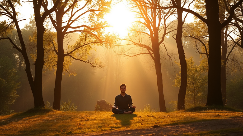 Peaceful meditation scene with soft golden light filtering through trees, person sitting calmly in nature, serene atmosphere, no text no words no letters