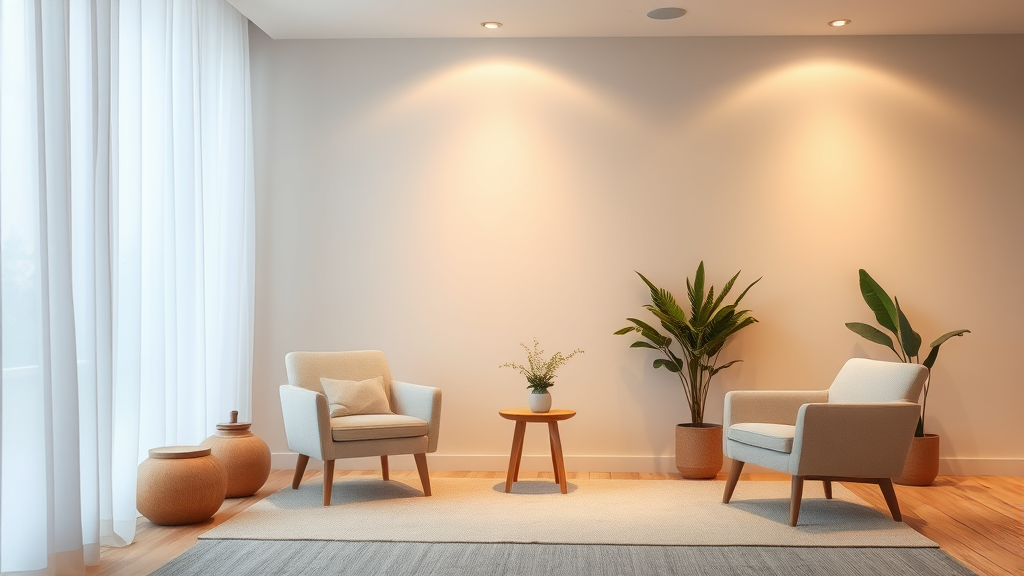 Abstract therapy setting with comfortable chairs and warm lighting, gentle colors, healing environment, professional yet welcoming space, no text no words no letters