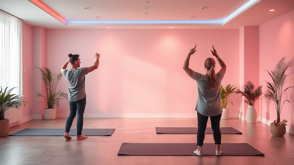 Therapeutic exercise setting with calming colors gentle movement rehabilitation space peaceful healing environment no text no words no letters