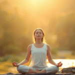 Peaceful person meditating in serene natural setting with soft golden lighting and calm atmosphere no text no words no letters