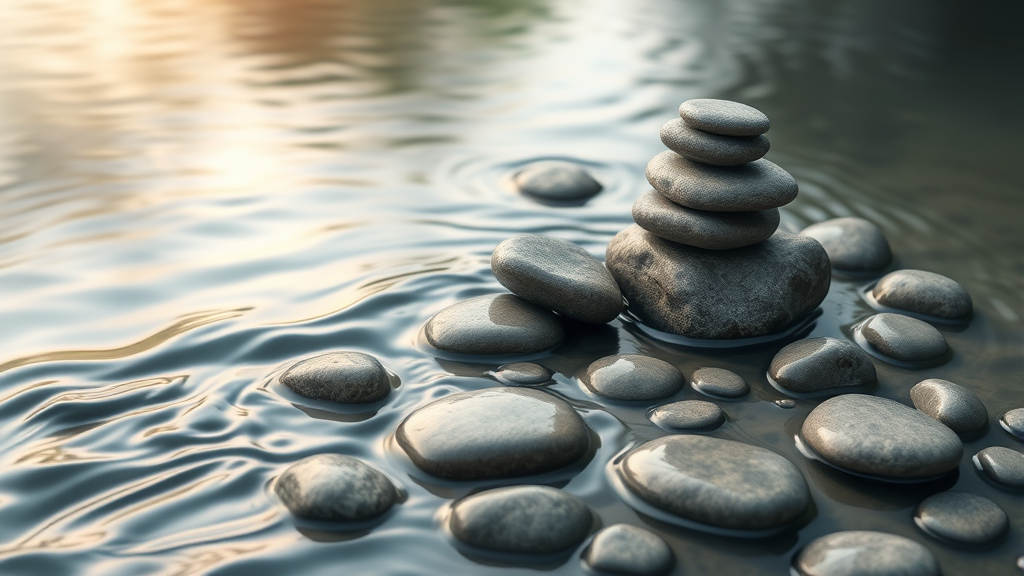 Abstract representation of emotional balance with flowing water and smooth stones in tranquil zen garden no text no words no letters